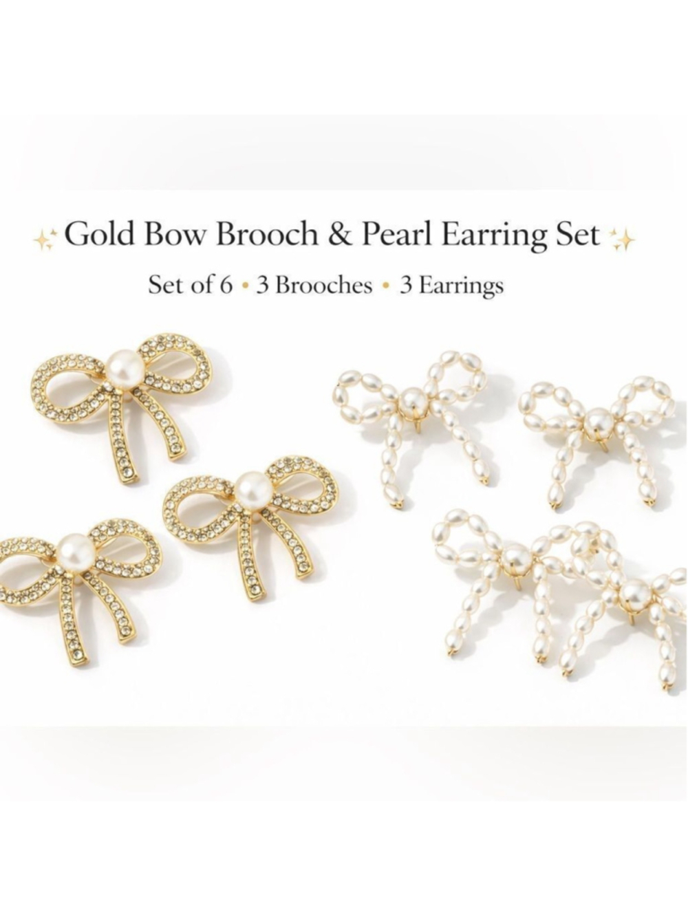 Gold Bow Brooch & Pearl Bow Earrings Set – 6 Piece Bundle, Gold Tone.New/Sealed!